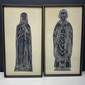 Brass Rubbing Print Framed Pictures England Church Priest Set of Two